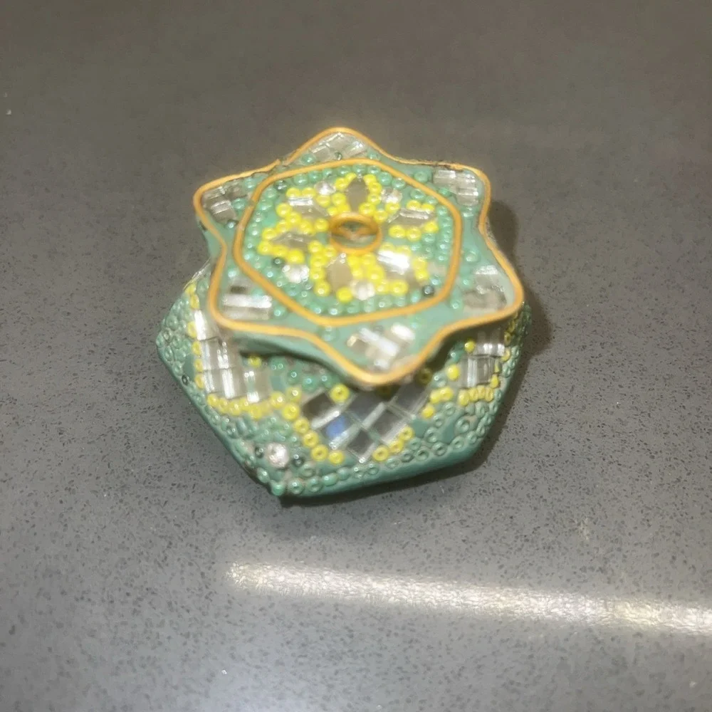 Estate Find: Hexagon Small Trinket Pill Box Glitter Ornate Hand Crafted
